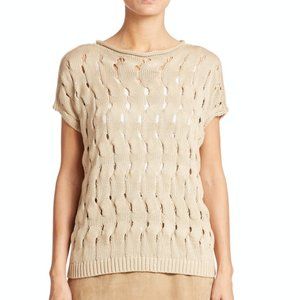 Lafayette 148 New York  Short-Sleeve Open-Weave Sweater, Embroidered top, Soy XL